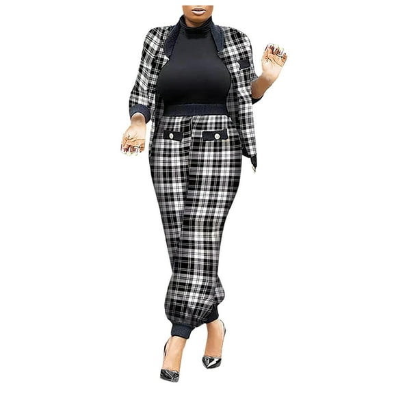 XFLWAM Women's Plaid Print 2 Piece Outfit Long Sleeve Button Down Coat Jacket Long Pants Set Work Suits Tracksuit White S