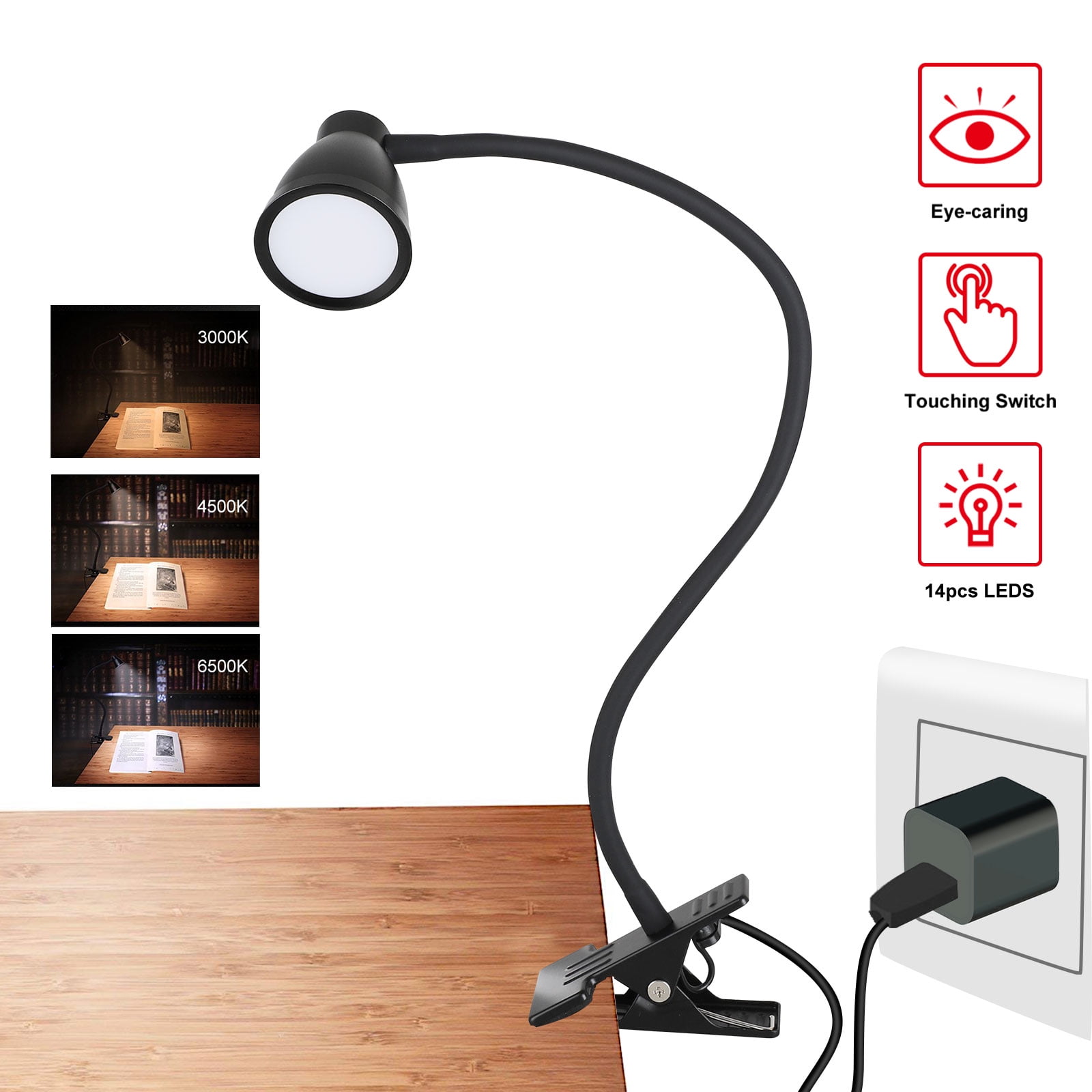 Adjustable USB Rechargeable LED Reading Light Clip-on Clamp Bed Table Desk Lamp 