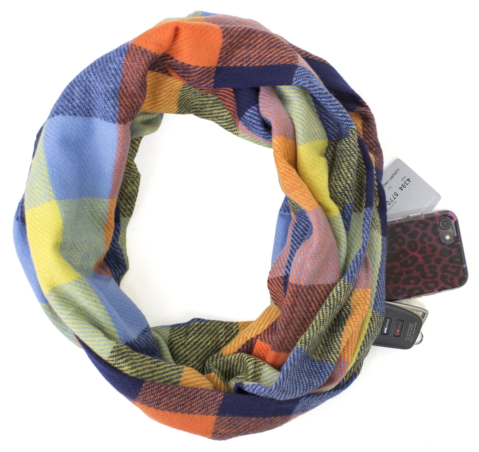 StylesILove Winter Plaid Infinity Scarf with Hidden Zipper Pocket Fashion Travel Scarf for Men Women and Teens