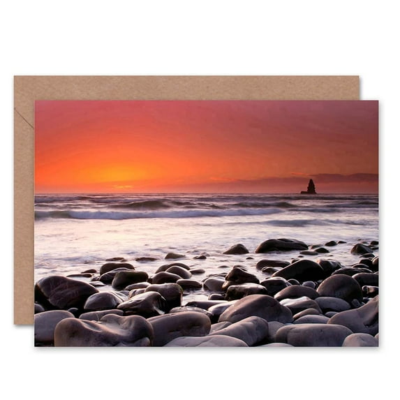 Beach Pebbles Rocks Sunset Seascape Birthday Greetings Card Plus Envelope Blank inside