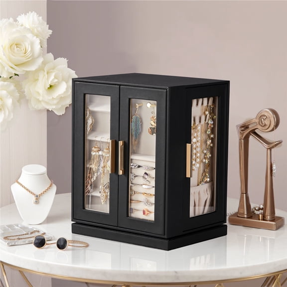 360°Rotating Jewelry Box with 5 Drawers - Black Cabinet & Pink Velvet Interior