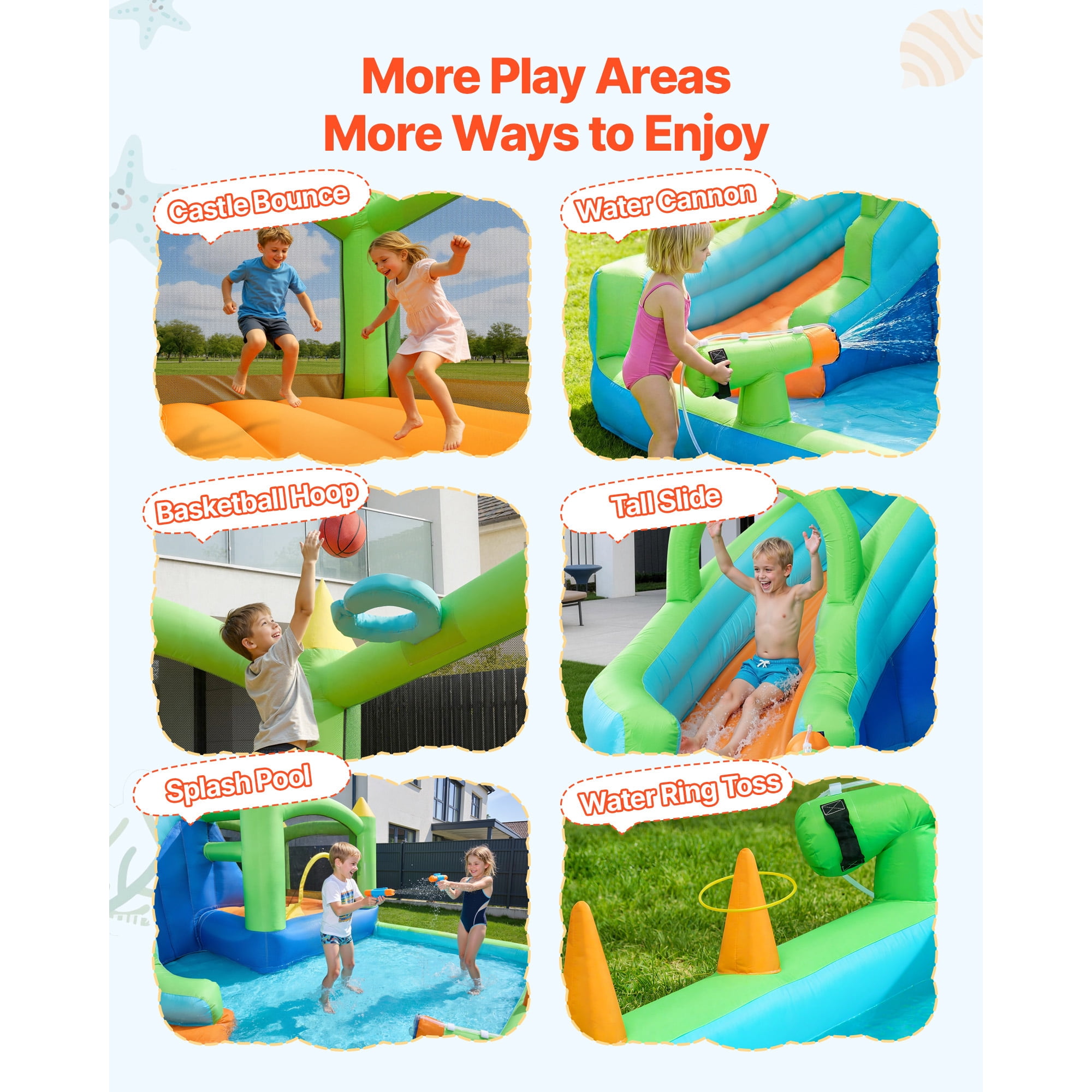 KFFKFF Inflatable Bounce House with Water Slide, 11.3 x 12.3 x 7.0 ft Bouncer Castle Featuring Jump Area, Basketball Hoop, Splash Pool, and Water Ring Toss, Suitable for 3-4 Kids Aged 3-8