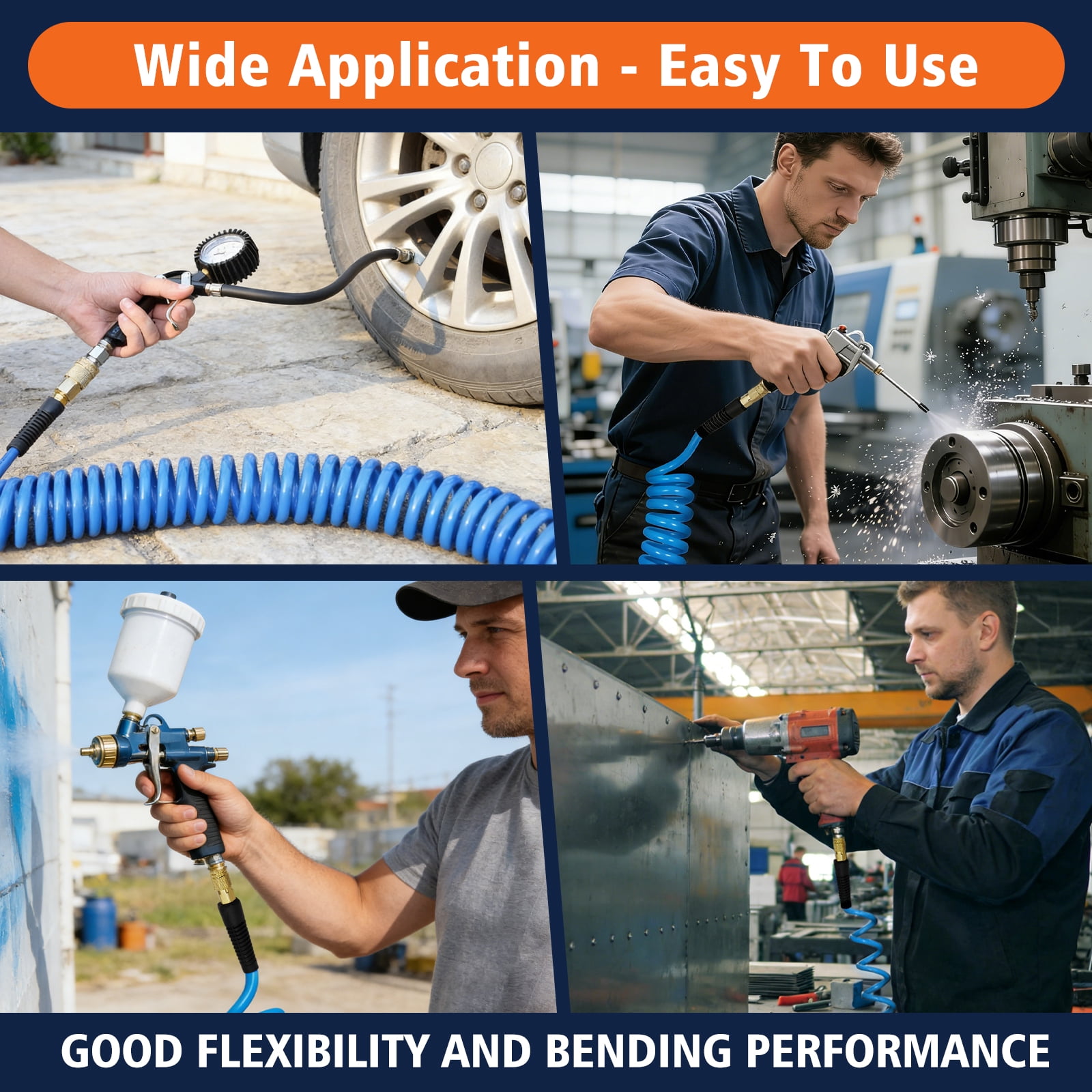 AGALI 1/4 in x 25 ft Polyurethane Air Hose with Bend Restrictor, Air Compressor Hose with 1/4 Solid 100% Pure Copper Quick Connect Fittings and I/M Plug Kit, Coiled PU Air Hose 1/4", Blue