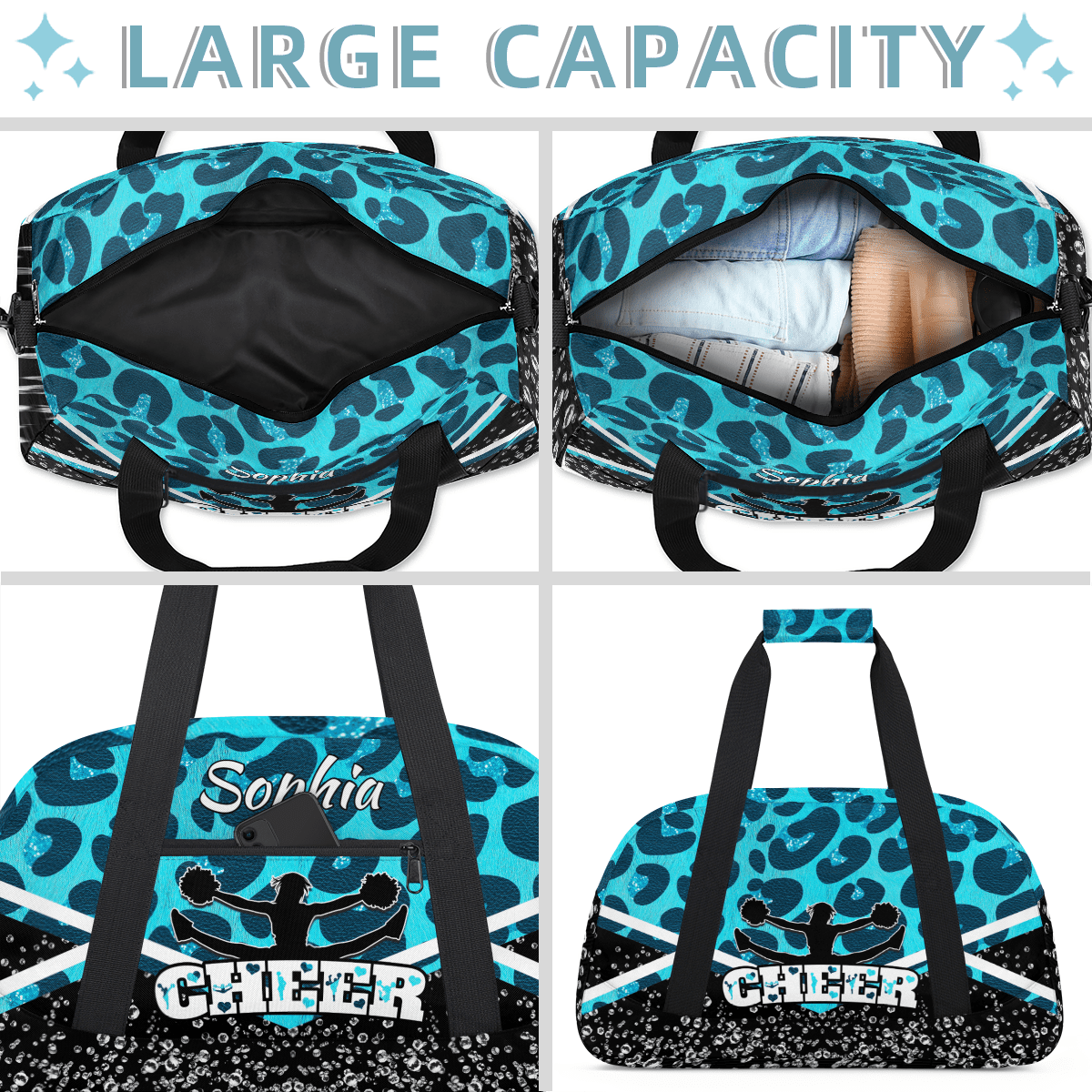 Jiaoprinted Personalized Cheerleader Bag Dance Bag, Custom Sport Gym Bag with Name, Customized Travel Duffel Bag for Cheer Team, Blue Leopard