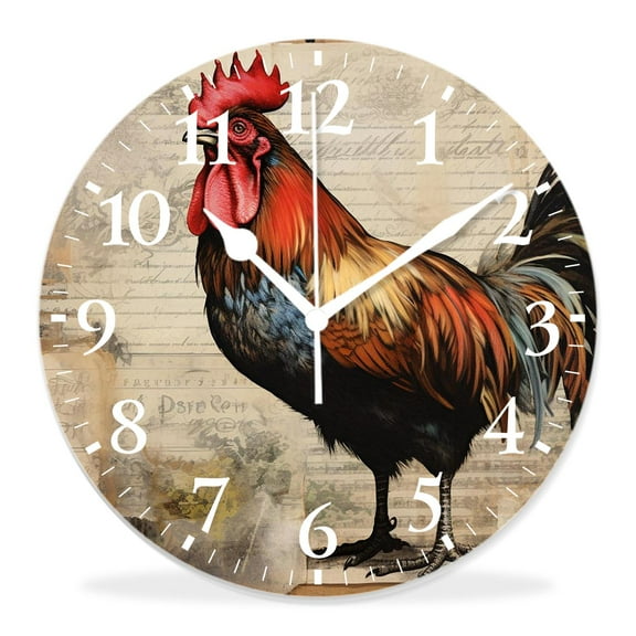 14 Inch Wall Clock Battery Operated Silent Clock Decorative for Office, Kitchen, Outdoor, Living Room，Rooster Farmhouse Vintage Style Art