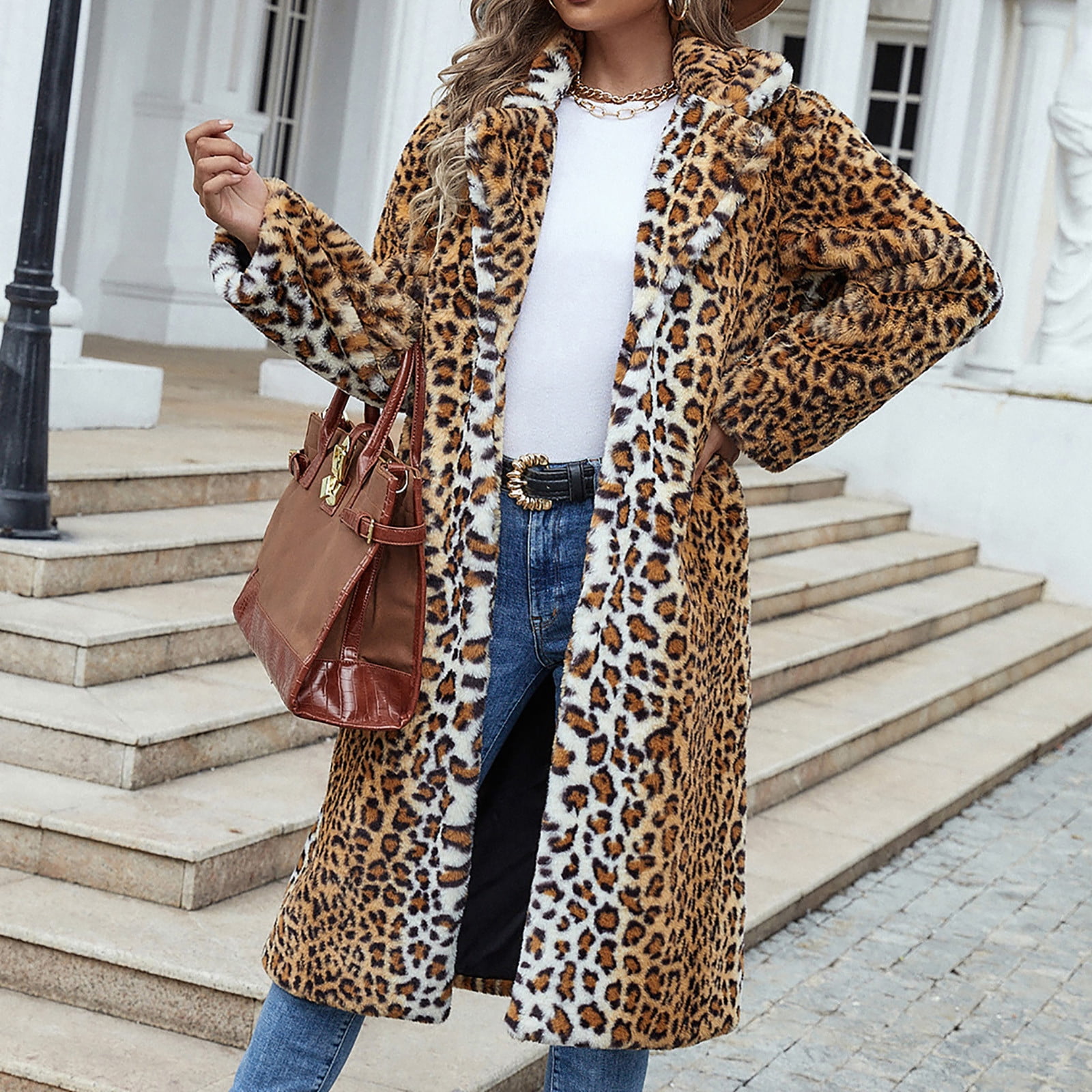 Odeerbi Jackets for Women 2024 Ladies Warm Faux Furry Coat Jacket Winter  Leopard Turn Down Collar Outerwear Brown 