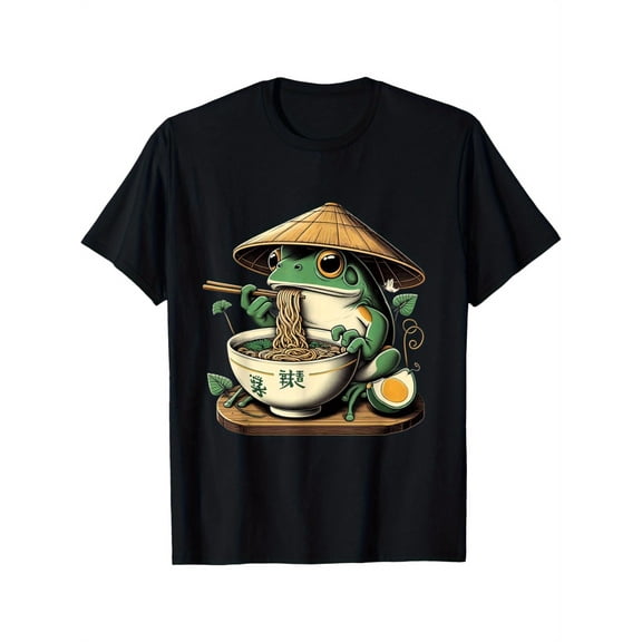 Men's Anime Graphic T-Shirt - Kawaii Frog Eating Ramen with Japanese Text - 100% Cotton 220gsm Soft Regular Fit Short Sleeve Round Neck Casual Tee for Anime Lovers, Anime T Shirt