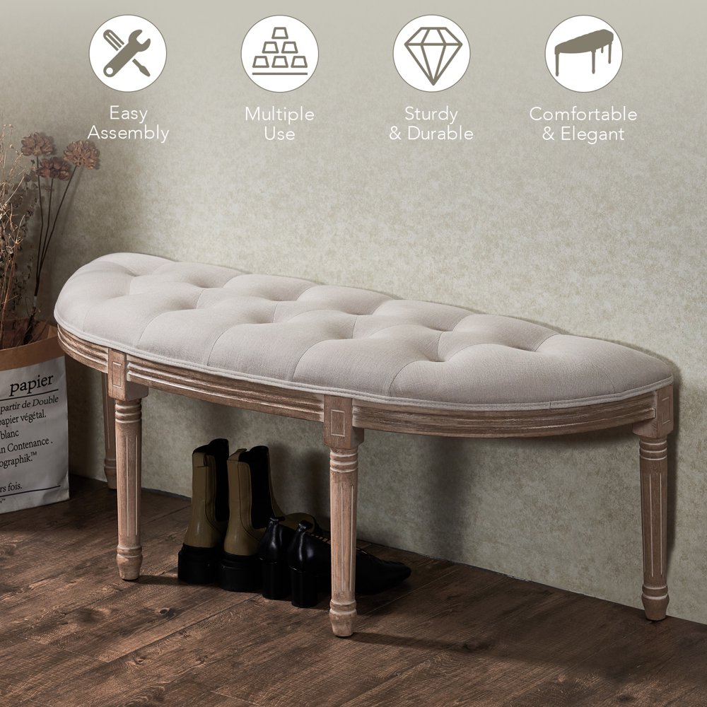 Half Moon Upholstered Bench Vintage French Bench Chair for Bedroom and