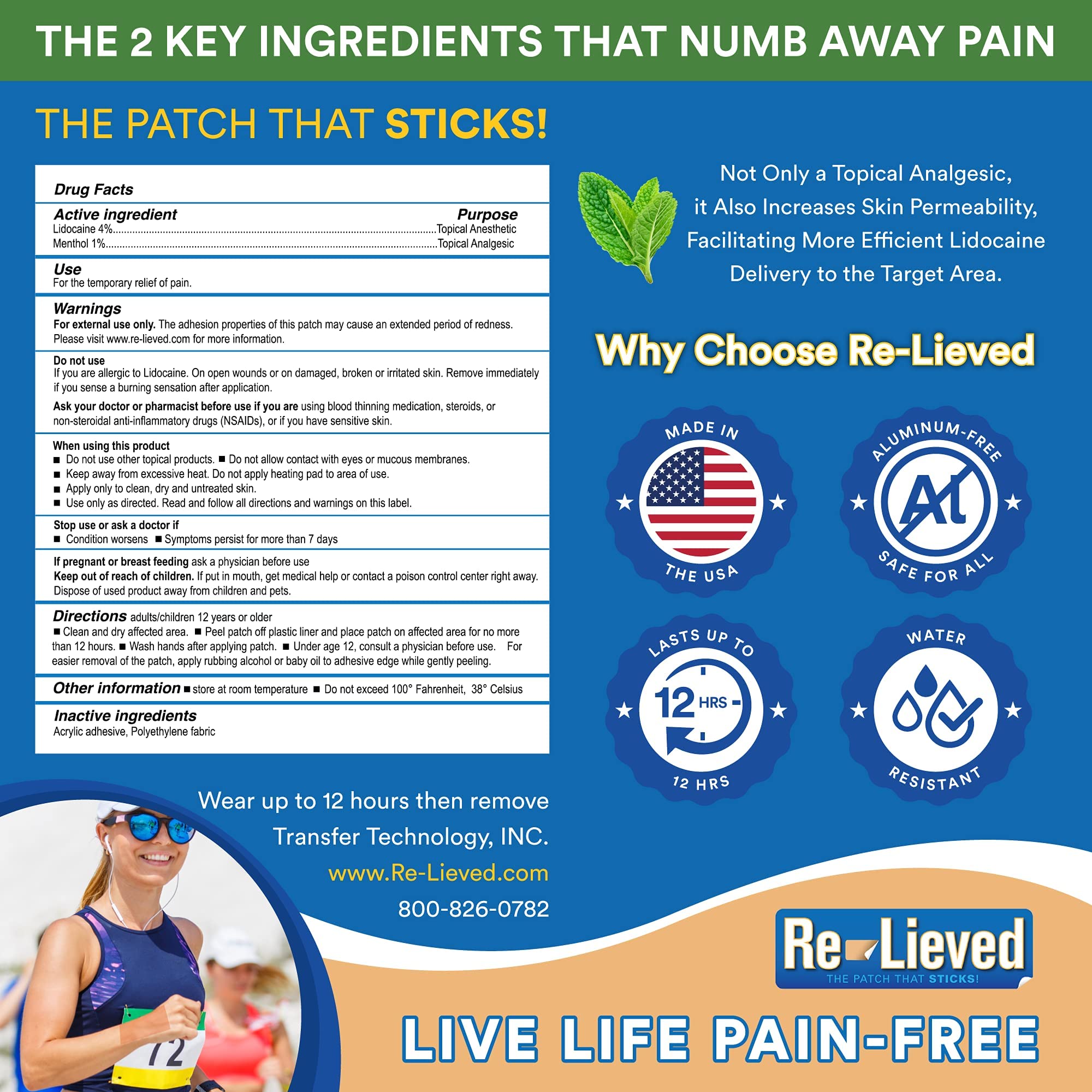 Re-Lieved 4% Lidocaine & 1% Menthol Pain Relief Patches — Maximum Strength Medicated Patches for Joint & Muscle Pain — Stick-on Fast-Acting Pain Relief — Aluminum-Free, USA Made — 6 Count