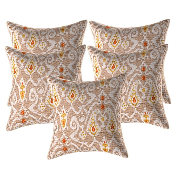 Stylo Culture Ethnic Couch Throw Pillow Covers 16 x 16 Kantha Beige Printed 40x40 cm Bedroom Decor Pillowcase Cotton Ikat Square Cushion Covers | Set Of 5