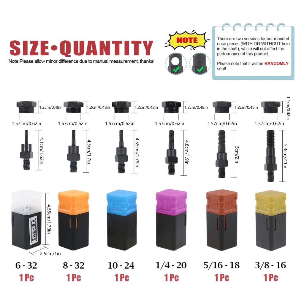 LIANXUE 6PCS Rivet Nut Gun Mandrel and Nose Piece Riveter Tip Spare Part 6-32 8-32 10-24 1/4-20 5/16-18 3/8-16 Assorted