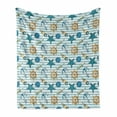 thumbnail image 1 of Nautical Soft Flannel Fleece Throw Blanket, Marine Sea Striped Background with Anchor Wheel Starfish Seashell, Cozy Plush for Indoor and Outdoor Use, 70" x 90", Blue and Apricot, by Ambesonne, 1 of 6