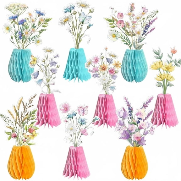 9PCS Spring Wildflower Party Decorations - Paper Wildflowers Honeycomb Table Centerpieces, Easter/Wedding/Garden Theme Birthday Party Supplies
