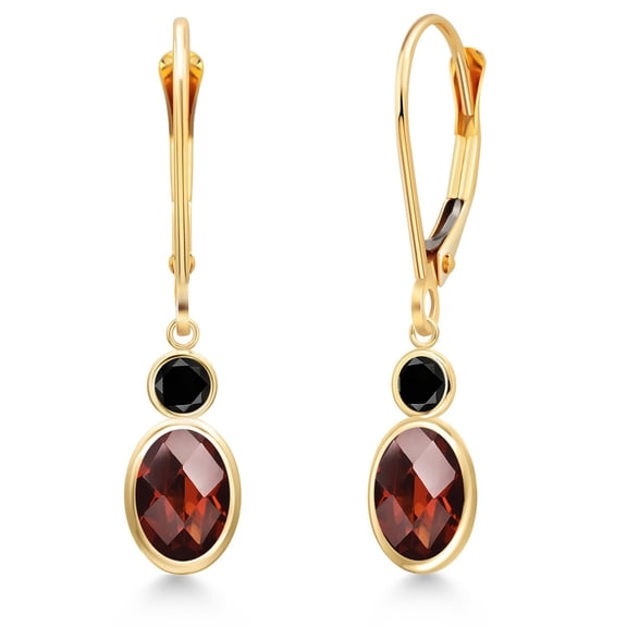 Gem Stone King 14K Yellow Gold Red Garnet and Black Diamond Dangle Earrings for Women | 2.20 Cttw | Gemstone January Birthstone | Oval Checkerboard 7X5MM