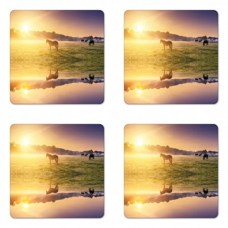 

Nature Coaster Set of 4 Horse Valley in South a Lake Reflection and Sun Rising Above Mountains Print Square Hardboard Gloss Coasters Standard Size Multicolor by Ambesonne