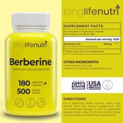 Berberine 500mg HCL Extract – from Berberis Aristata Vulgaris, 180 Vegetarian Capsules, Digestive Supplement for Overall Well-Being, 6-Month Supply, Non-GMO,1000mg per Serving, GMP Certified, USA