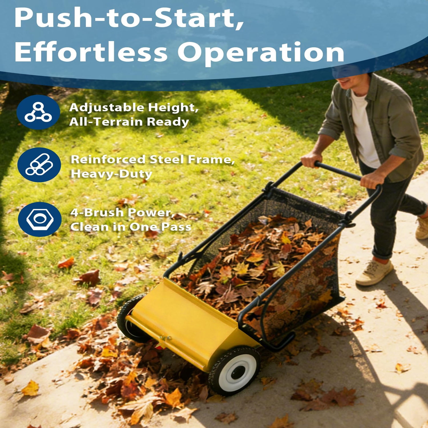 Gaderth Efficient 21-Inch Push Lawn Sweeper, Heavy-Duty Steel Frame, 4 Enhanced Spinning Brushes, Large 3.5 cu.ft Pusher, Strong Rubber Wheels, Manual Leaf & Grass Collector