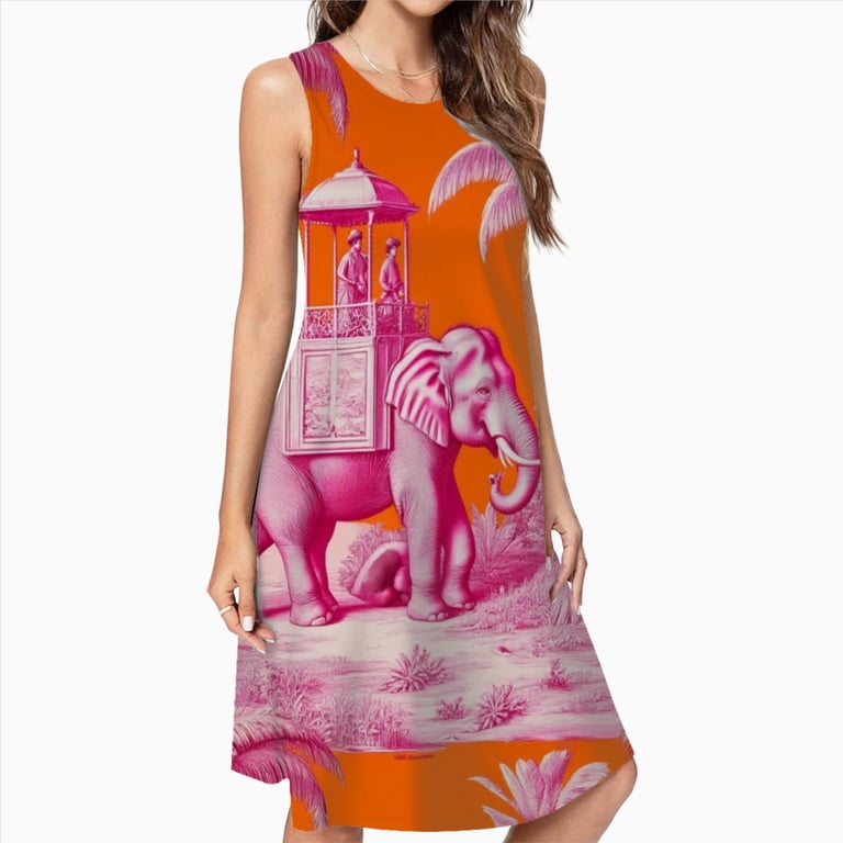 pink elephant dress Pink Elephant Orange Tropical Scene Dress Loose Women'S Dress Beach Dresses  With Pockets Dresses For Womens