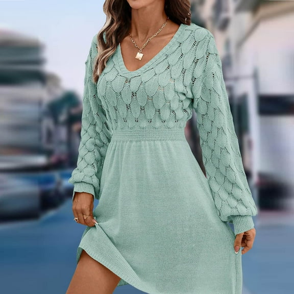 Knit Dress for Women Trendy Long Sleeve Sweater Dresses V Neck High Waist A-Line Short Dress Womens Fall Clothes (XL, Light Blue)