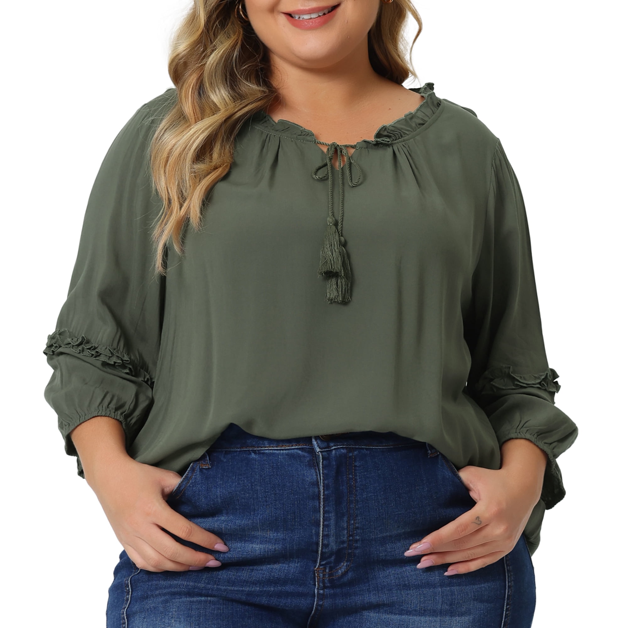 Unique Bargains Women's Plus Size 3X Army Green Rayon Blouse with