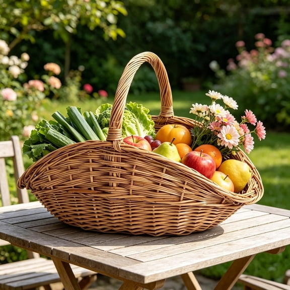 DESIGNICE Wicker Harvest Basket,Woven Flower Gathering Basket with Handle,For Vegetables Fruits Flowers,Portable Multipurpose Woven Storage Farmers Market Basket (M)