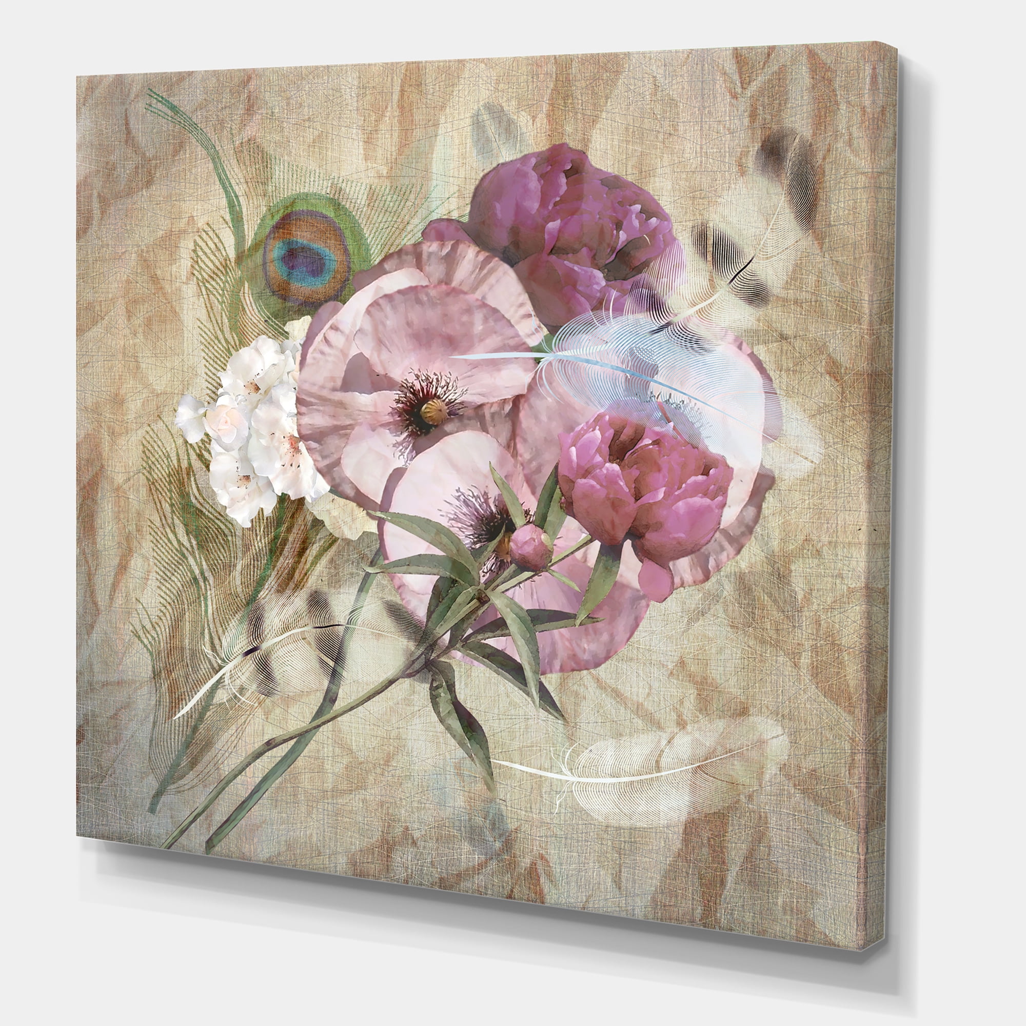 Designart ' Iris Bouquet Floral Design With Peacock Feather ' Traditional Canvas Wall Art Print