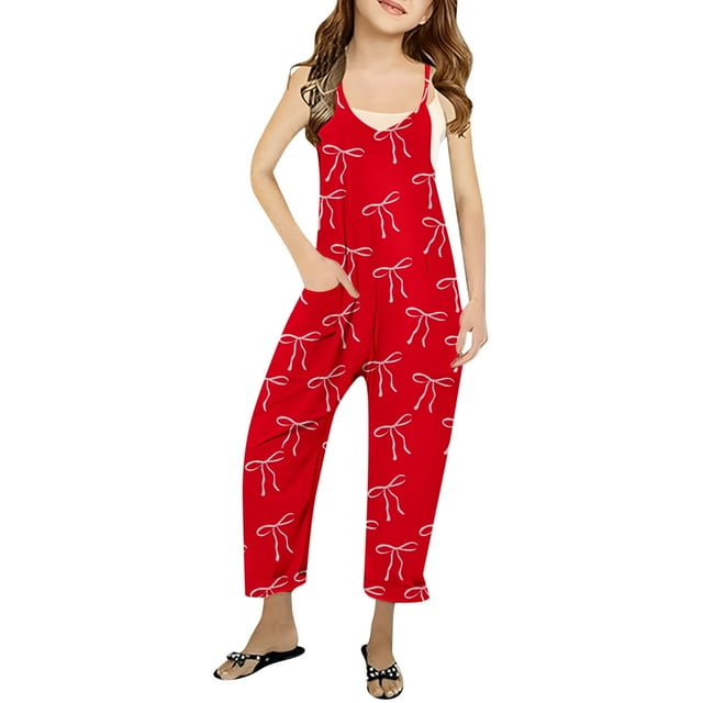 Girls Romper Bow Print Rompers for Girls Casual V Neck Strap Rompers with Pockets Girls Fashion 5-6 Y