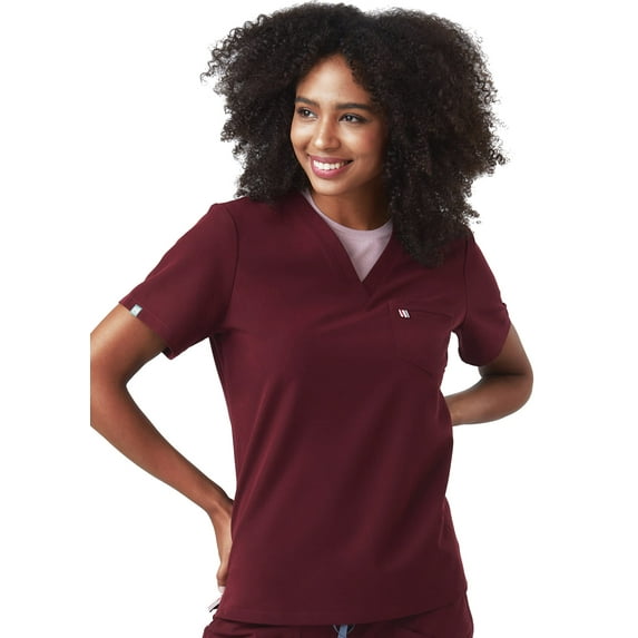 Mediclo Women's Medical Scrub Top - Sal Essential Eco Friendly Sustainable FYSEL Fabric V-Neck Chest Pocket Shirt Workwear Burgundy FT3085RBGD08 L