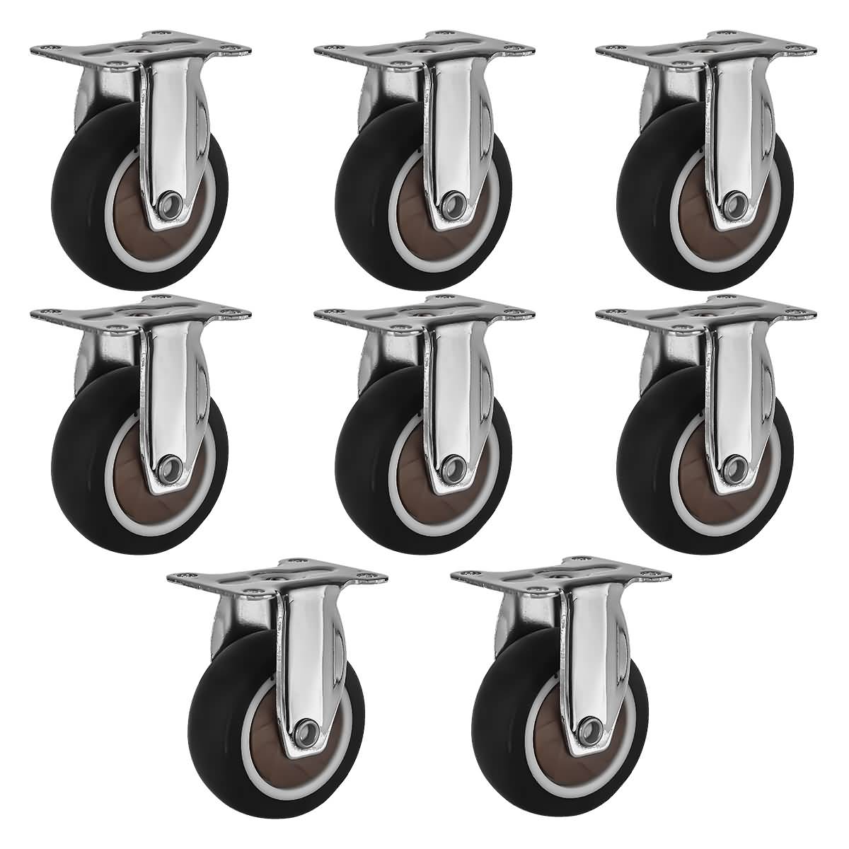 8 Pack 2" Low Profile Rigid Caster Black Rubber Fixed Caster Wheels