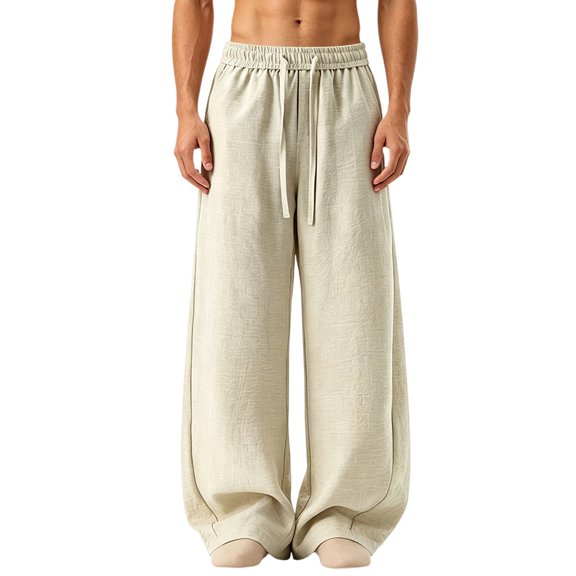 NEBWOAK Mens Cotton Linen Drawstring Wide Leg Trousers Relaxed Fit Summer Casual Khaki,Size 2XL