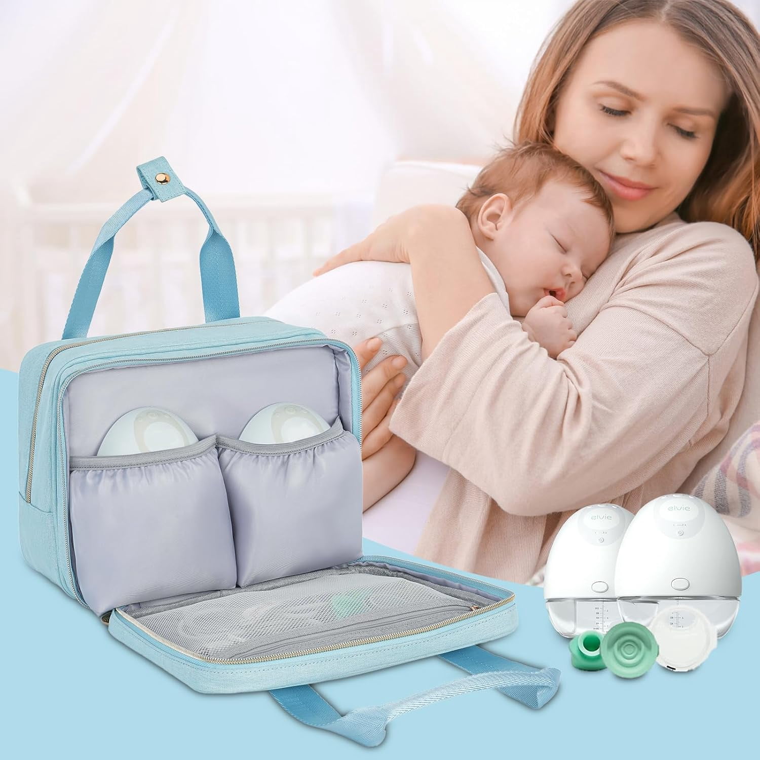 Wearable Breast Pump Bag with Insulated Cooler Compartment, Travel Carrying Case Compatible with Momcozy, Elvie and Medela Breast Pump Series, Includes Ice Pack & Waterproof Mat for Breastfeeding Acc