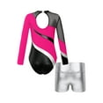 thumbnail image 4 of Miutii Girls Athletic Biketard 2 Piece Leotards with Shorts Set Long Sleeve Gymnastics Jumpsuit Hot Pink&Silver 8, 4 of 5