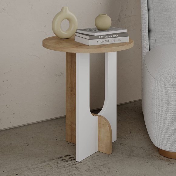 JV Home Luna Round Side Table Narrow Modern End Table with Storage Narrow Decorative Coffee Table De Nuit | Small Nightstand for Living Room Bedroom 15.8 Inch (Oak - White)