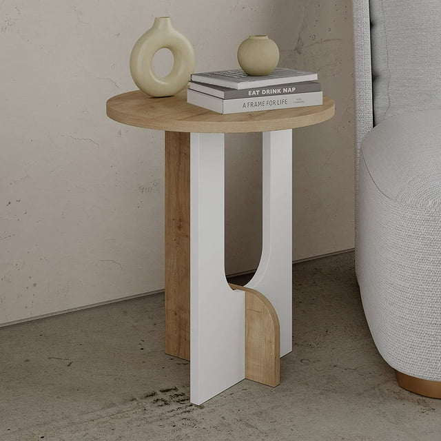 JV Home Luna Table d'Appoint Ronde Étroite Moderne avec Rangement Table Basse Décorative Étroite de Nuit / Petite Table de Nuit pour Salon Chambre 15,8 Pouces (Chêne - Blanc)