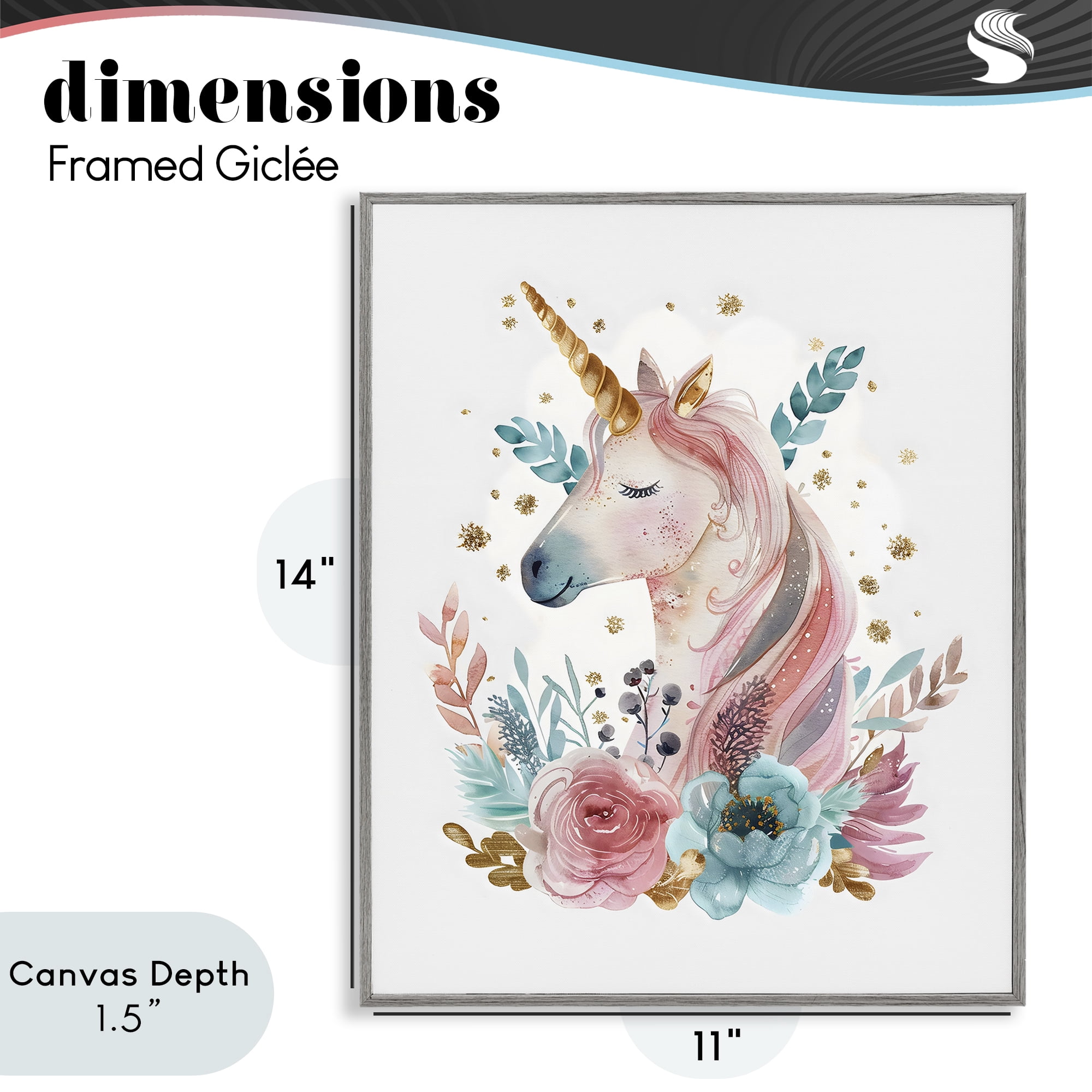 Stupell Industries Floral Unicorn with Gold Details Gray Framed Giclee Art, design by LSR Design Studio
