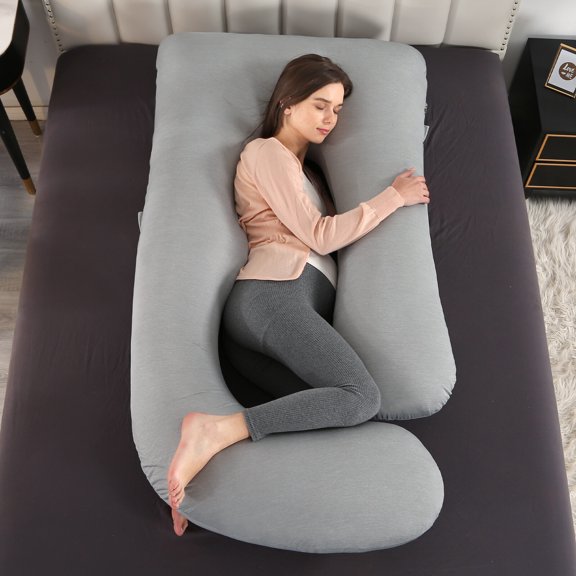 TOPCHANCES Pregnancy Pillow, J Shaped Full Body Maternity Pillow for Side Sleeping with Removable Cover, 145x70cm, Gray