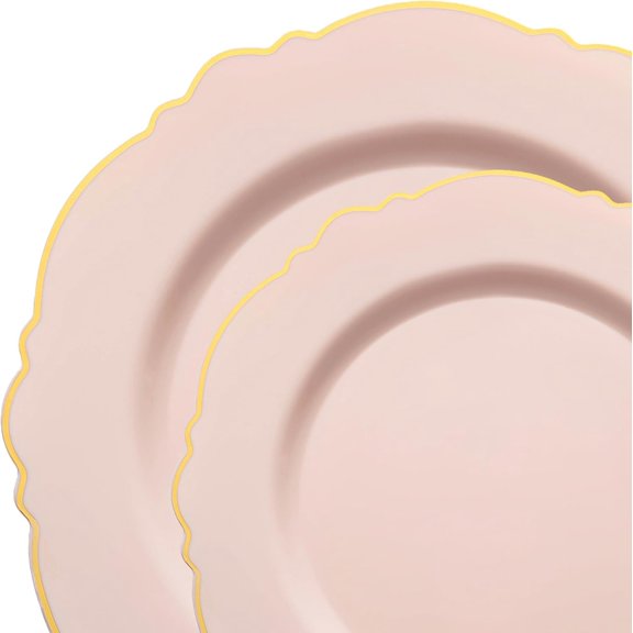 Smarty Had A Party Elegant Disposable Plastic Heavy Duty Dinnerware Sets, Blossom Rim Design Plastic Plates, For Wedding, Birthday & All Occasions (Pink with Gold, Combo Plate Set (120 Guests))