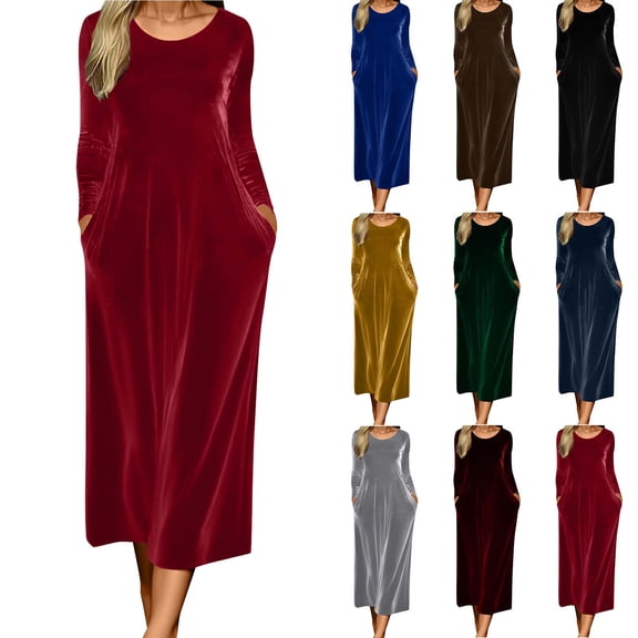 BiZtdJrK Women's Long Sleeve Velvet Dresses Fall Winter Wedding Guest Party Maxi Dress Solid Color Casual Crew Neck A-Line Dresses, Navy, XL