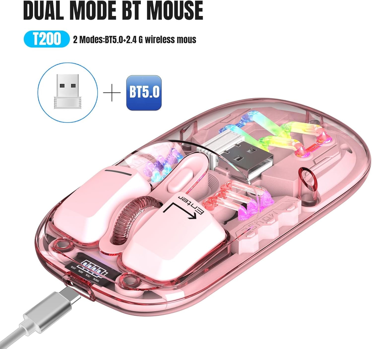 Wireless Bluetooth Gaming Mouse, Transparent Dual-Mode BT 5.0 + 2.4G RGB Mouse, Magnetic Top Cover Rechargeable Silent Mouse for PC Laptop Tablet