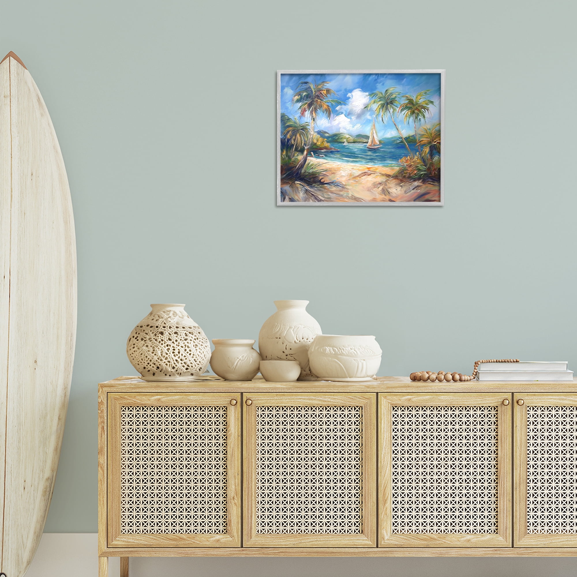 Stupell Industries Paradise Beach Harbor Coastal Painting Gray Framed Art Print Wall Art, 20 x 16