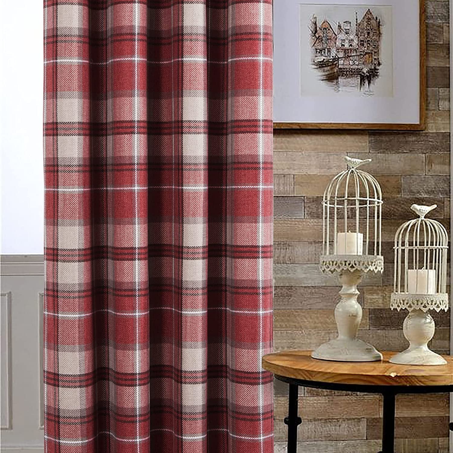 Plaid Curtains 100% Blackout Thermal Energy Saving Drapes for Bedroom Farmhouse Living Room Curtains Burgundy Red 42"W x 84"L (Pack of 2)