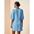 thumbnail image 2 of Blue Linen V-Neck Wrap Mini Dress With Side Tie, Casual Summer Style, 2 of 8