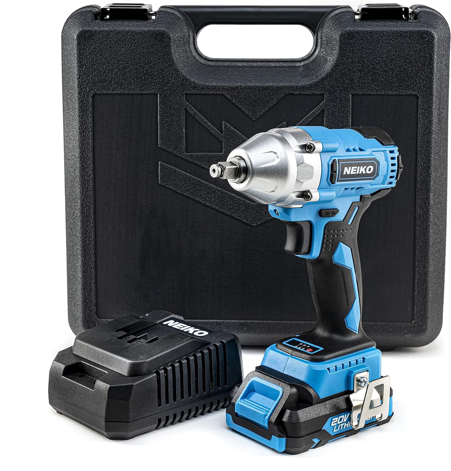 Neiko 10880A 3/8-Inch-Drive Brushless Cordless Impact Wrench, 20-Volt Compact Impact Wrench with Lithium-Ion Charging Battery, Includes Fast Charger, 3/8 Impact Gun, 3/8 Impact Wrench, Impact Driver