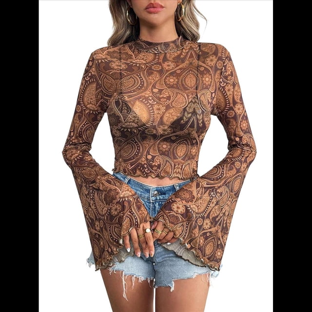 Camiseta de Larga con Estampado Floral Transparente Y2K, Cuello Redondo, Mangas Acampanadas y para Mujer Marrón S