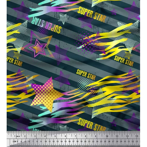 Soimoi Yellow Cotton Voile Fabric Star & Diagonal Stripe Printed Craft Fabric by the Yard 42 Inch Wide