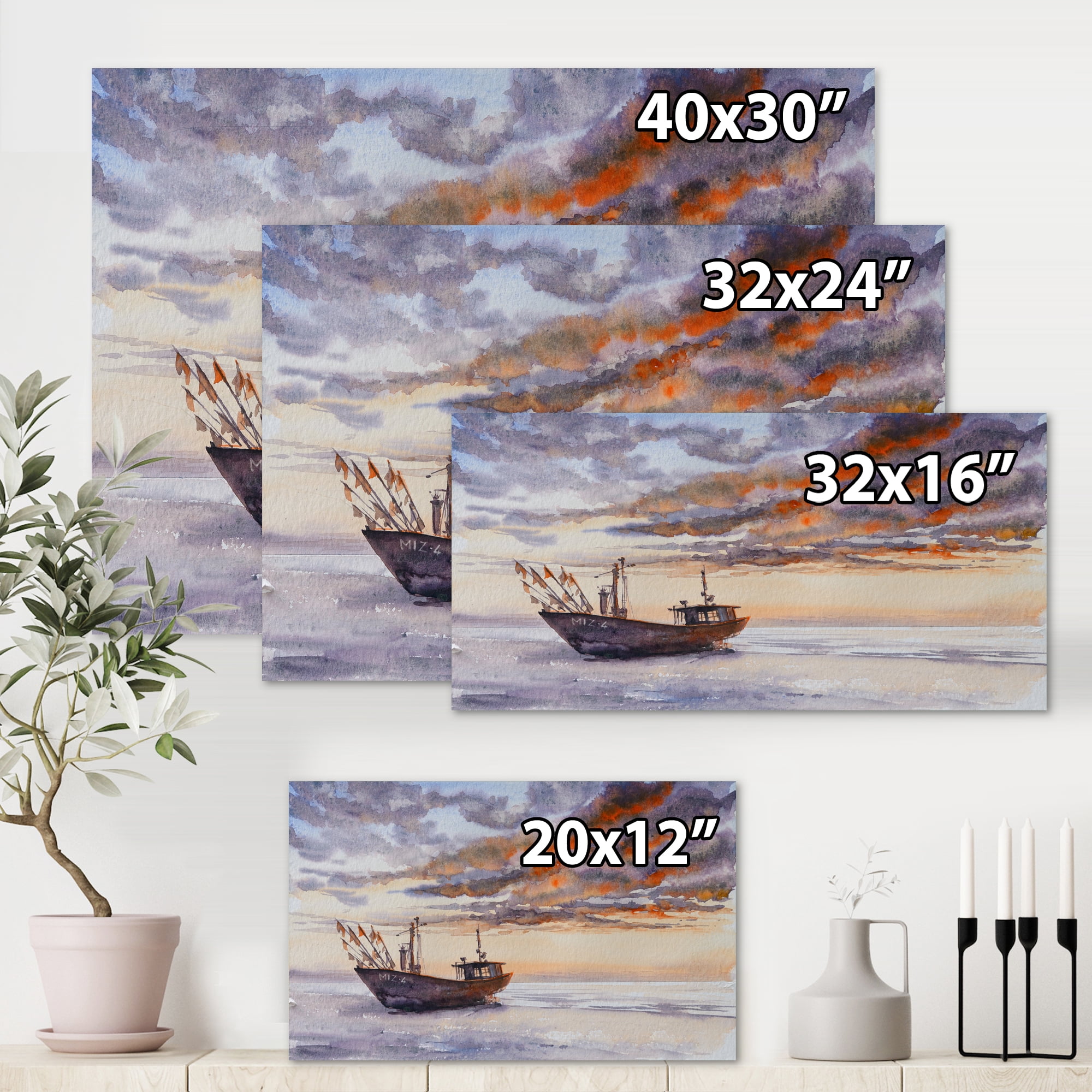 Designart ' Wooden Fishing Boat On The Baltic Shore With Evening Clouds ' Nautical & Coastal Canvas Wall Art Print