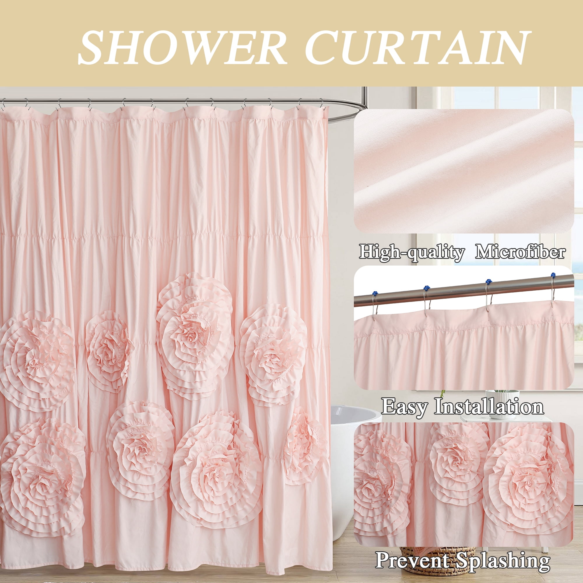 HIG Boho Ruffled Shower Curtain - Oversized Floral Print, Heavy Fabric with Elegant Draping for Bathroom, 72"x72", Peach