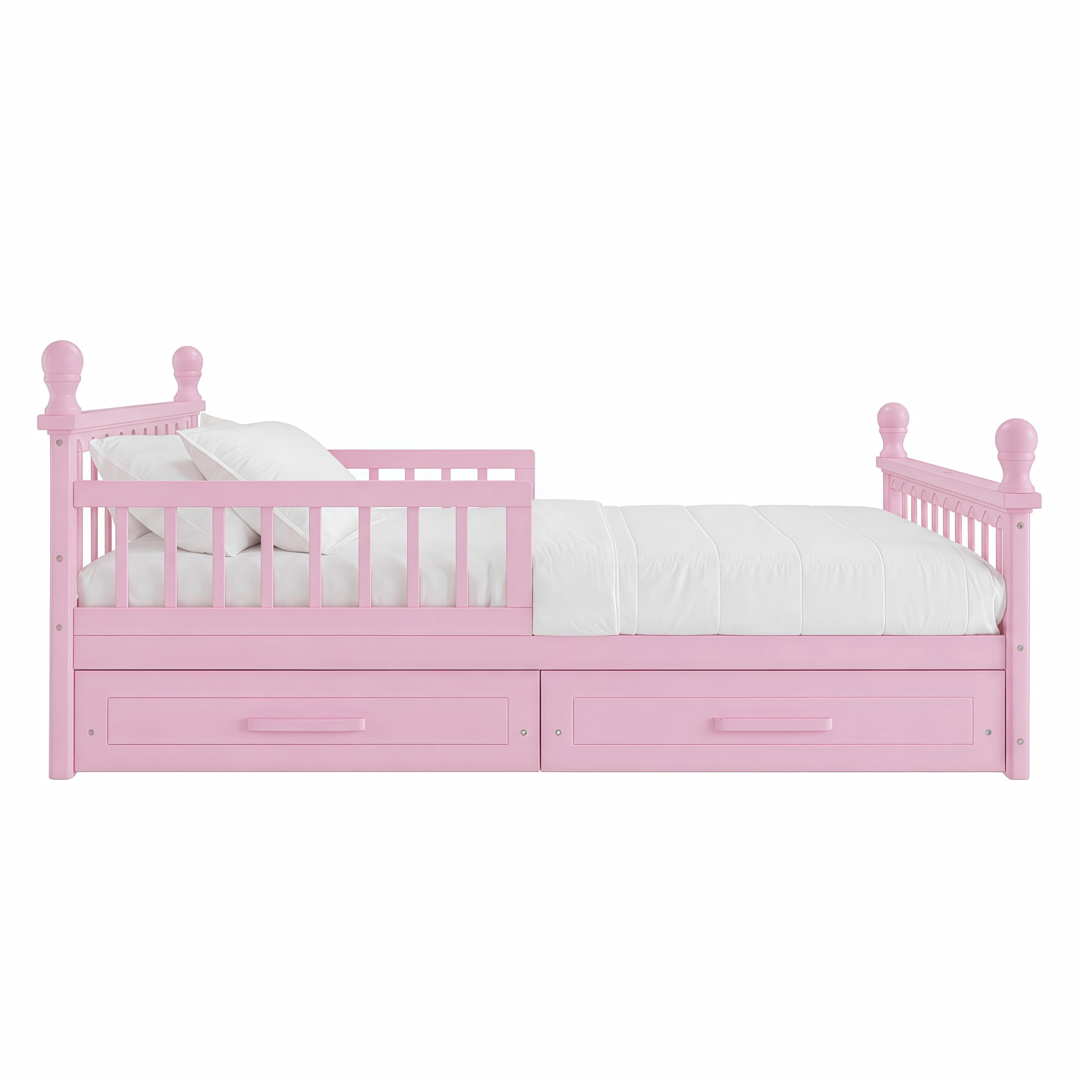 Noble House Orielle Twin Kids Bed Frame with Storage Drawers, Low-Profile Platform Bed with Safety Guardrails, Pink
