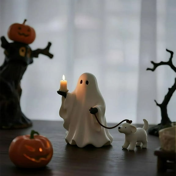 Eespoir Ghost & Pup Candle Holder, Halloween Walking Dog Ghost Decoration, Cute Ghost Dog Figurine Holding a Candlestick, Holiday Party Scene Decoration Tabletop Ornament