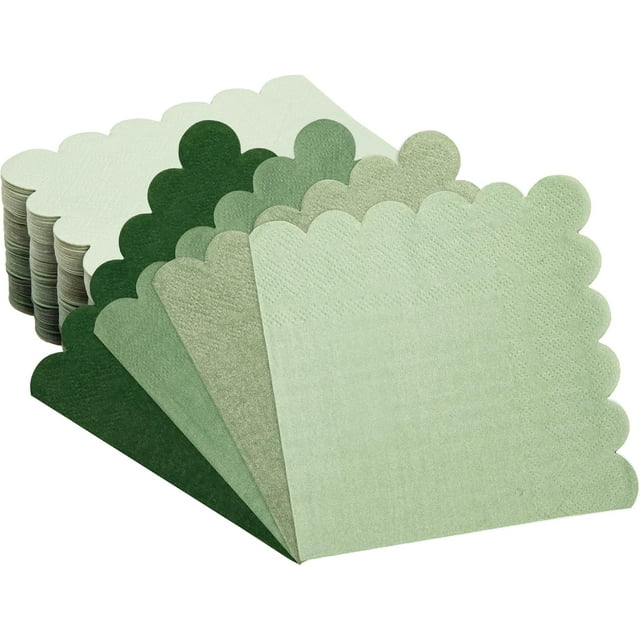 100 Pack Disposable Cocktail Napkins, 5 x 5 Inches, 2-Ply, Scalloped Edge, for Dinner Wedding Birthday Party Bridal Anniversary Reception Event (100, Gradient Green)